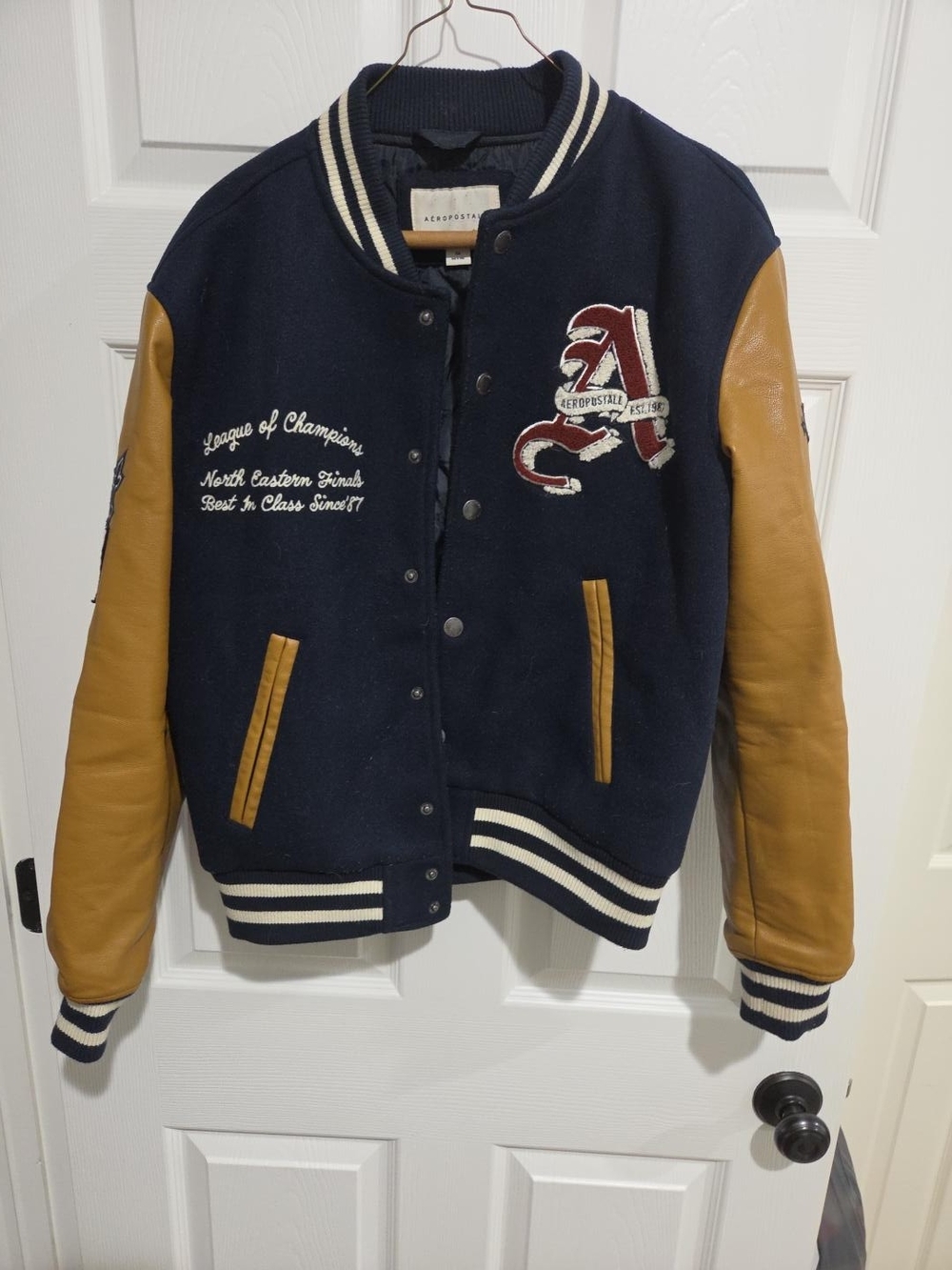 Aeropostale Navy and Tan Leather-Sleeve Varsity Jacket
